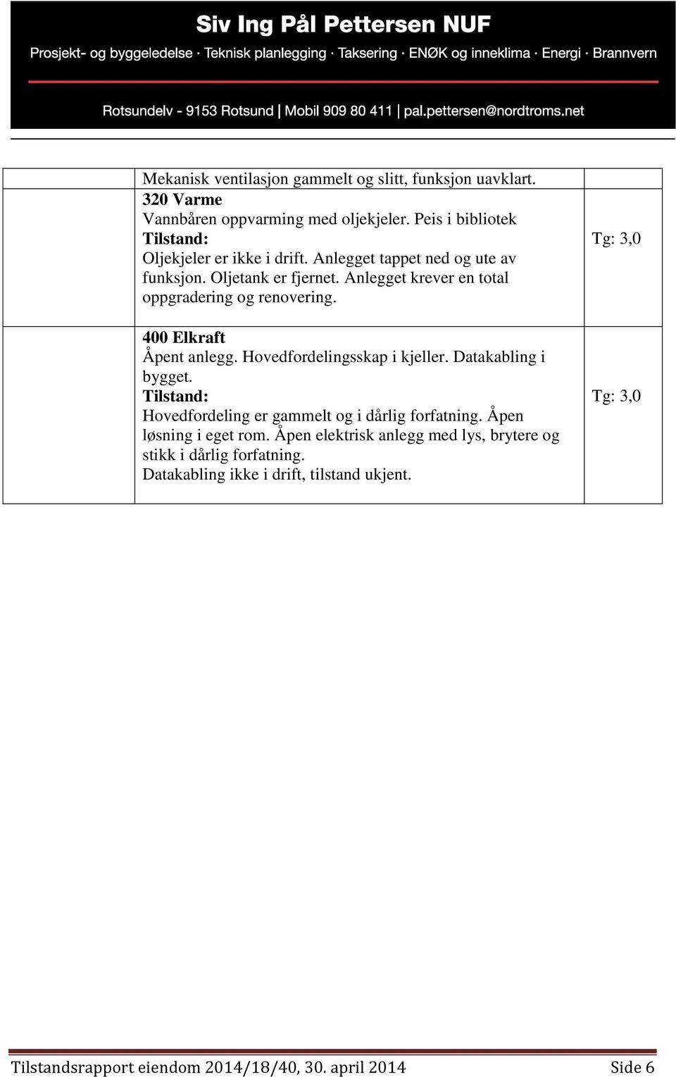 Anlegget krever en total oppgradering og renovering. 400 Elkraft Åpent anlegg. Hovedfordelingsskap i kjeller. Datakabling i bygget.