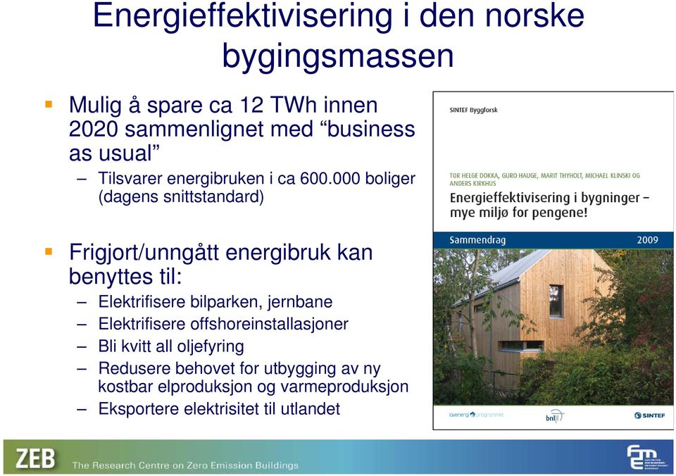 000 boliger (dagens snittstandard) Frigjort/unngått energibruk kan benyttes til: Elektrifisere bilparken,