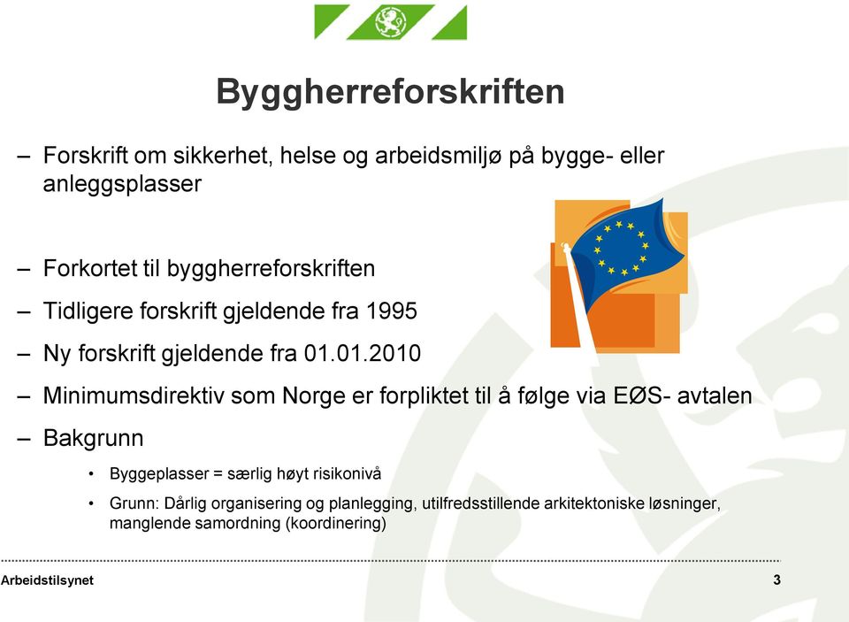 01.2010 Minimumsdirektiv som Norge er forpliktet til å følge via EØS- avtalen Bakgrunn Byggeplasser = særlig høyt