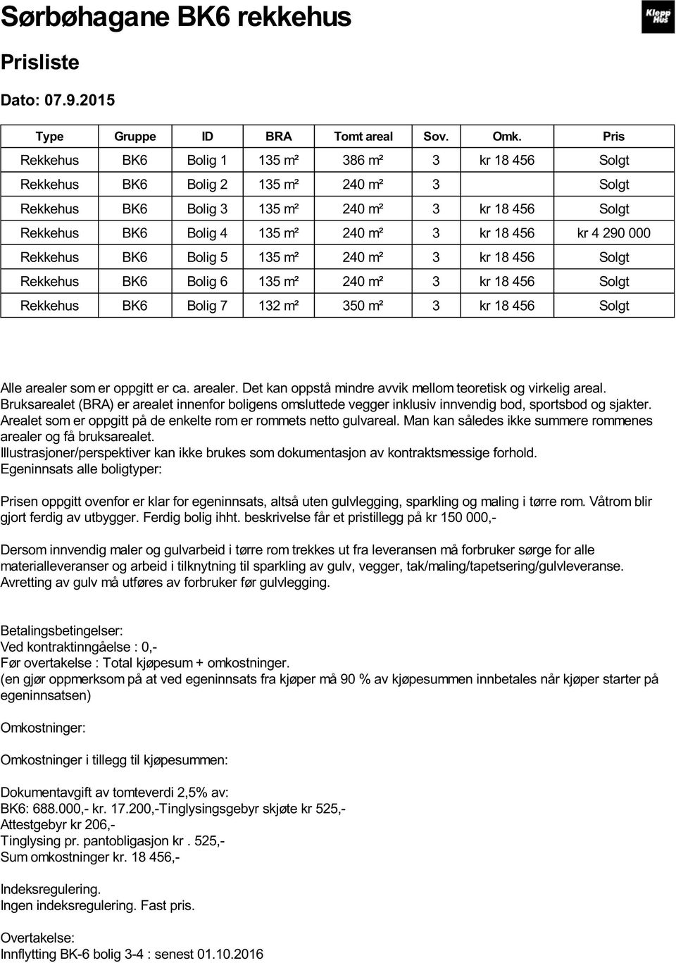 456 kr 4 290 000 Rekkehus BK6 Bolig 5 135 m² 240 m² 3 kr 18 456 Solgt Rekkehus BK6 Bolig 6 135 m² 240 m² 3 kr 18 456 Solgt Rekkehus BK6 Bolig 7 132 m² 350 m² 3 kr 18 456 Solgt Alle arealer som er