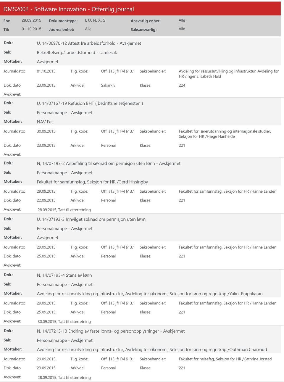 2015 Personal N, 14/07193-2 Anbefaling til søknad om permisjon uten lønn - Personalmappe - Fakultet for samfunnsfag, Seksjon for HR /Gerd Hissingby Fakultet for samfunnsfag, Seksjon for HR /Hanne