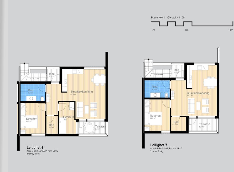 30,3 m² 7,7 m² 5,1 m² 3,1 m² Leilighet 6 Areal: BRA 66m2, P-rom