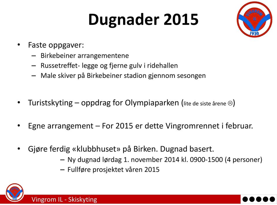 siste årene ) Egne arrangement For 2015 er dette Vingromrennet i februar.