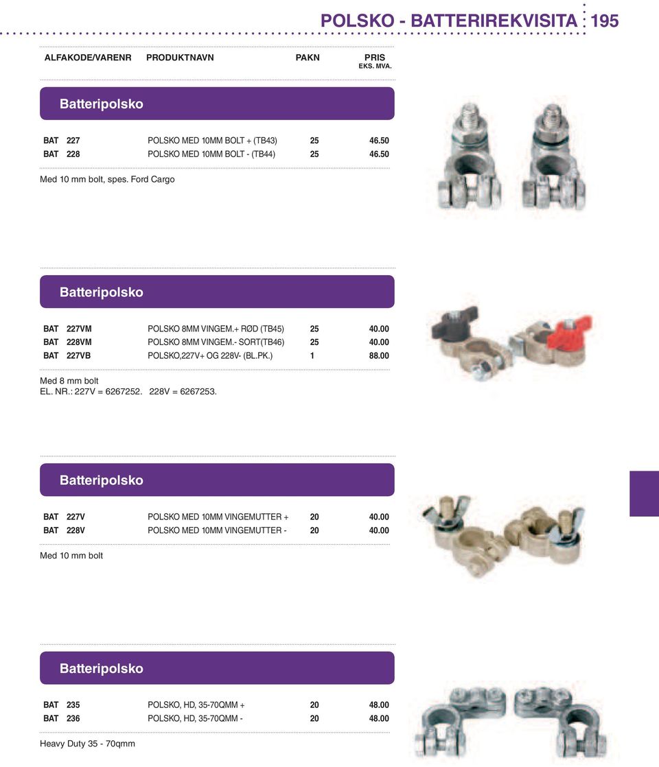 00 BAT 227VB POLSKO,227V+ OG 228V- (BL.PK.) 1 88.00 Med 8 mm bolt EL. NR.: 227V = 6267252. 228V = 6267253.