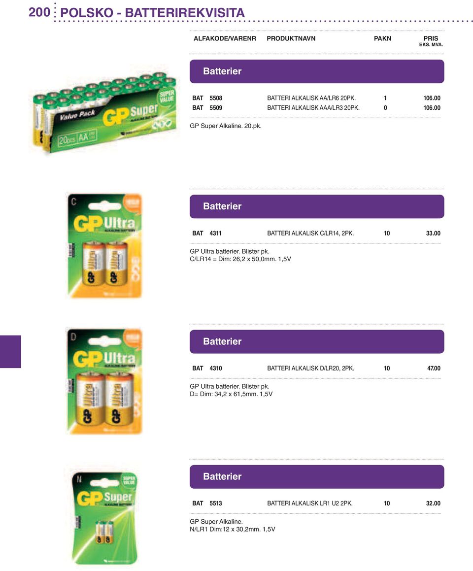 C/LR14 = Dim: 26,2 x 50,0mm. 1,5V BAT 4310 BATTERI ALKALISK D/LR20, 2PK. 10 47.00 GP Ultra batterier. Blister pk.