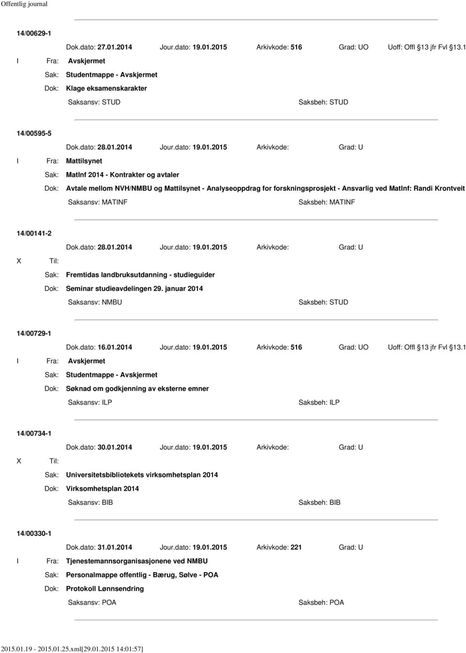2014 - Kontrakter og avtaler Avtale mellom NVH/NMBU og Mattilsynet - Analyseoppdrag for forskningsprosjekt - Ansvarlig ved MatInf: Randi Krontveit Saksansv: MATINF Saksbeh: MATINF 14/00141-2 Dok.