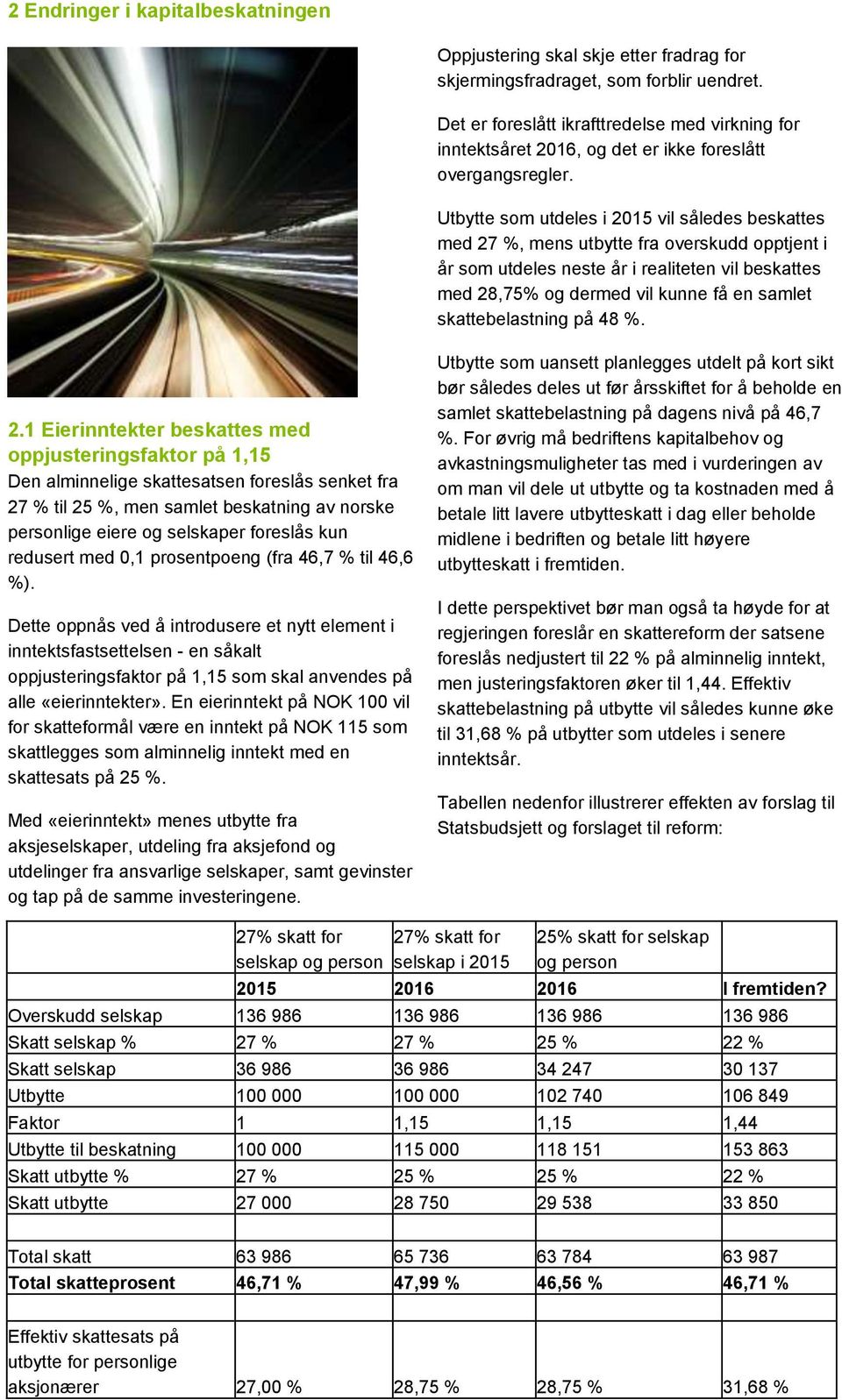 Utbytte som utdeles i 2015 vil således beskattes med 27 %, mens utbytte fra overskudd opptjent i år som utdeles neste år i realiteten vil beskattes med 28,75% og dermed vil kunne få en samlet