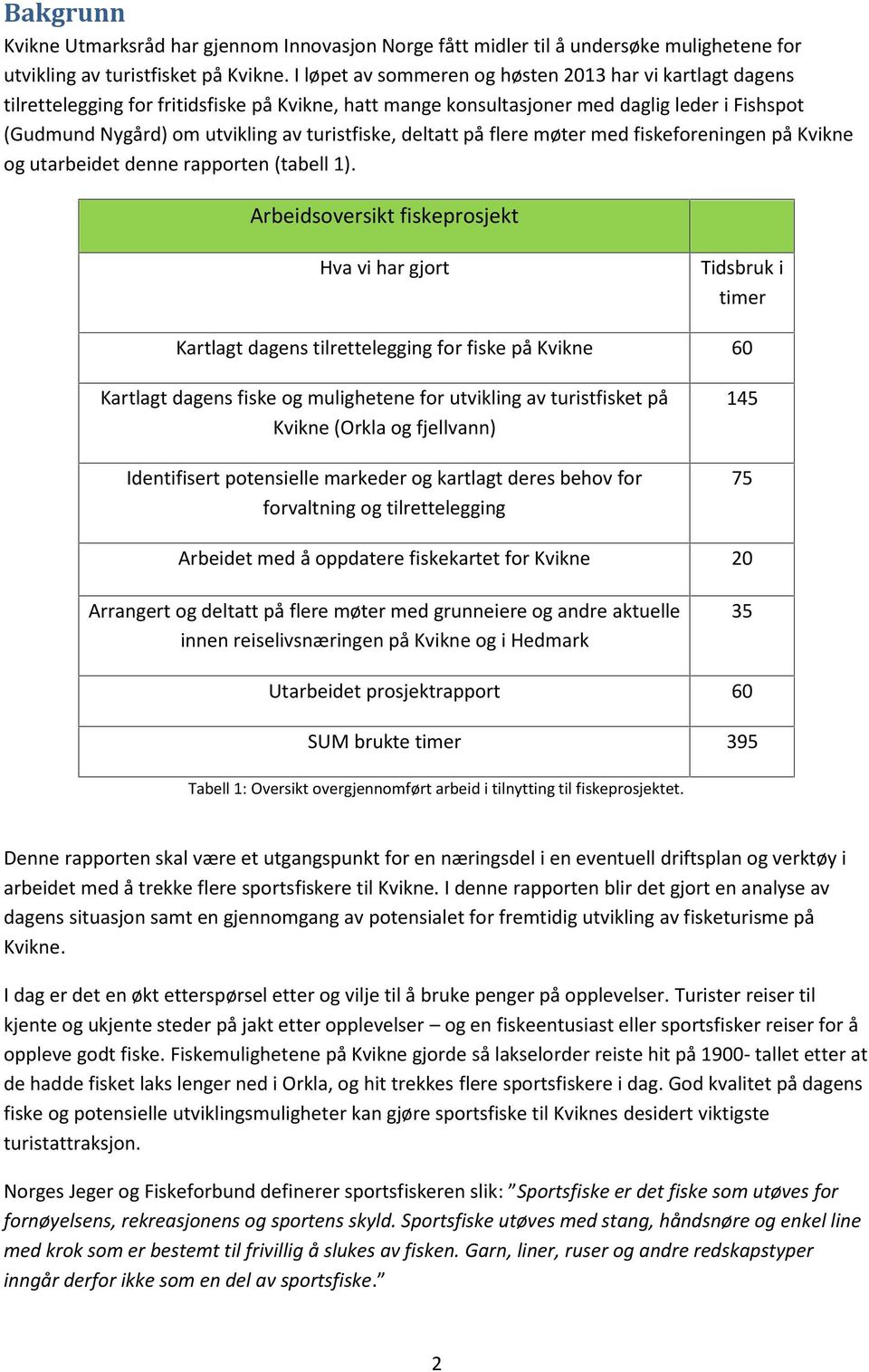 turistfiske, deltatt på flere møter med fiskeforeningen på Kvikne og utarbeidet denne rapporten (tabell 1).