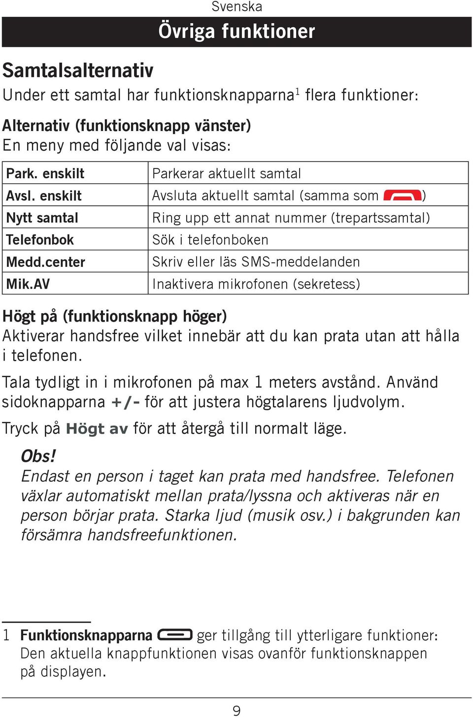 AV Ring upp ett annat nummer (trepartssamtal) Sök i telefonboken Skriv eller läs SMS-meddelanden Inaktivera mikrofonen (sekretess) Högt på (funktionsknapp höger) Aktiverar handsfree vilket innebär