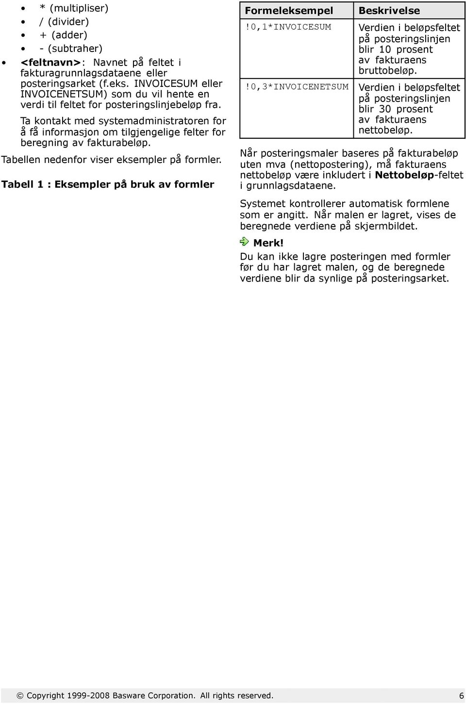 Ta kontakt med systemadministratoren for å få informasjon om tilgjengelige felter for beregning av fakturabeløp. Tabellen nedenfor viser eksempler på formler.