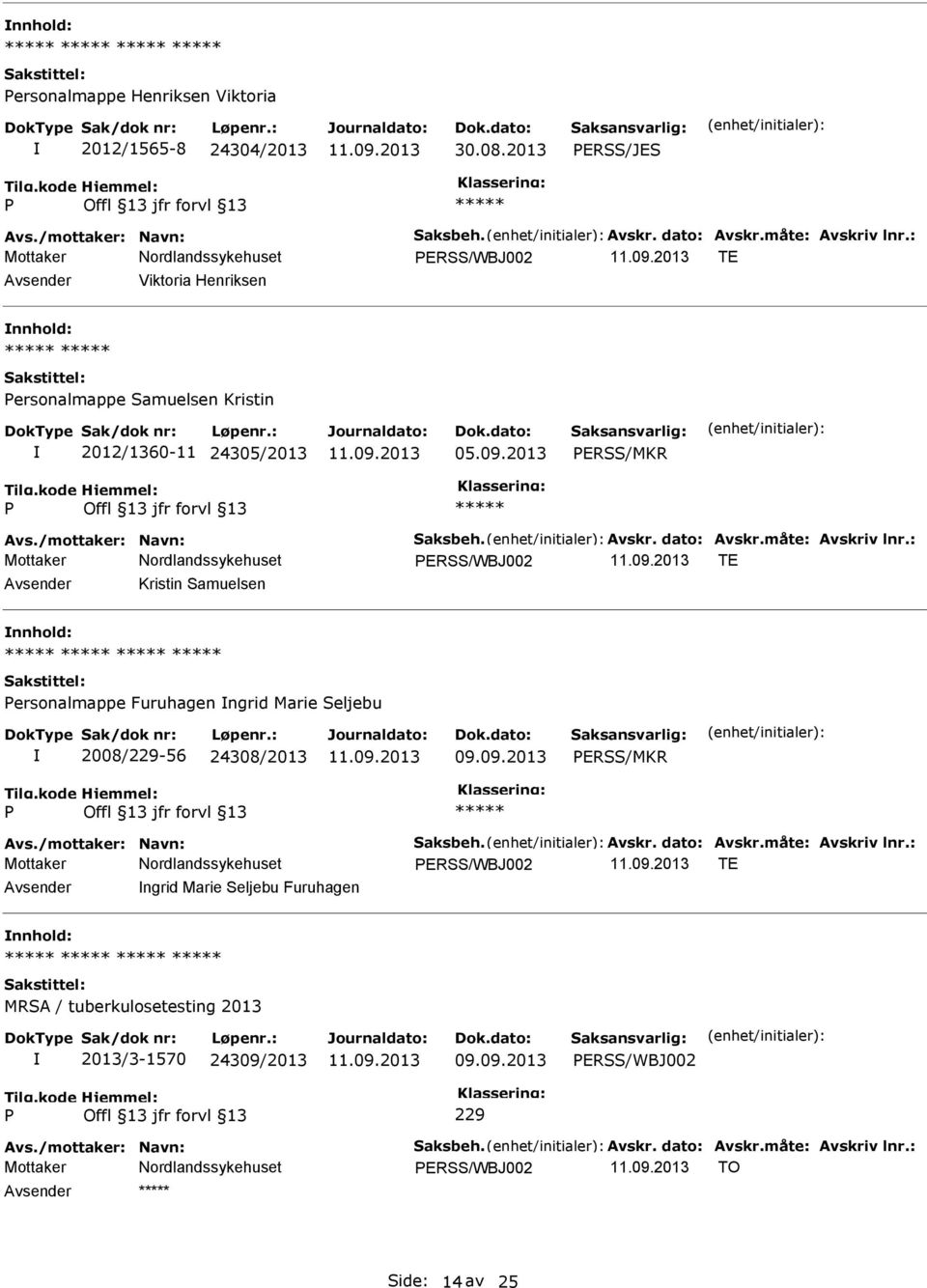 2013 ERSS/MKR ERSS/WBJ002 TE Kristin Samuelsen ersonalmappe Furuhagen ngrid Marie Seljebu 2008/229-56