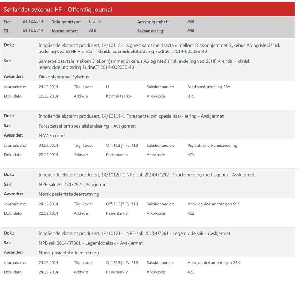2014 Kontraktsarkiv 375 Inngående eksternt produsert, 14/10119-1 Forespørsel om spesialisterklæring - Forespørsel om spesialisterklæring - NAV Froland Psykiatrisk sykehusavdeling 22.12.