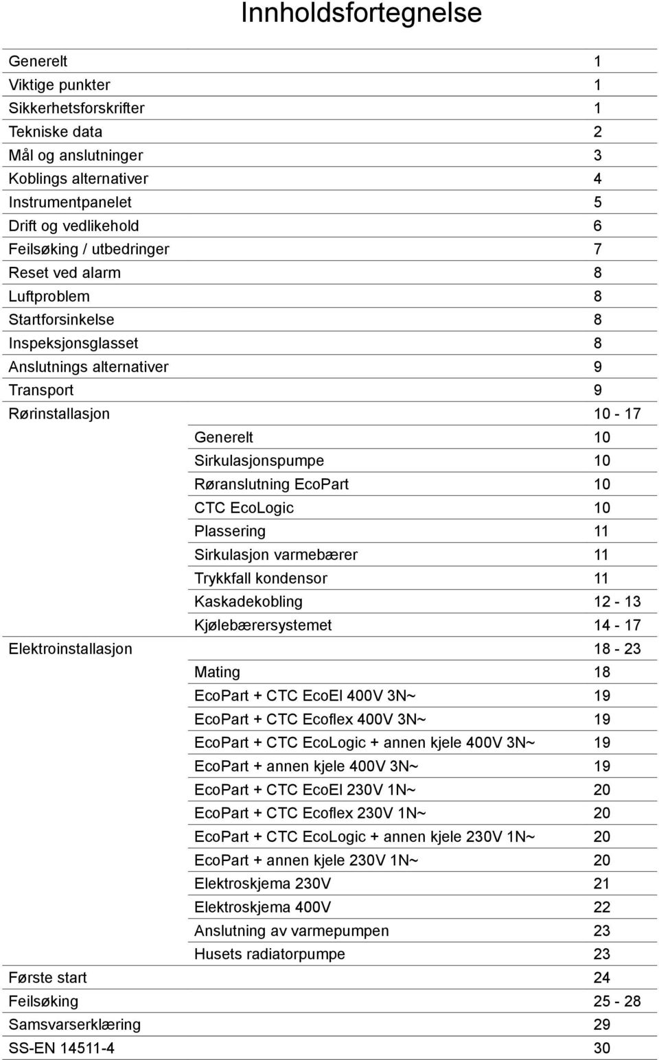 EcoPart 10 CTC EcoLogic 10 Plassering 11 Sirkulasjon varmebærer 11 Trykkfall kondensor 11 Kaskadekobling 12-13 Kjølebærersystemet 14-17 Elektroinstallasjon 18-23 Mating 18 EcoPart + CTC EcoEl 400V