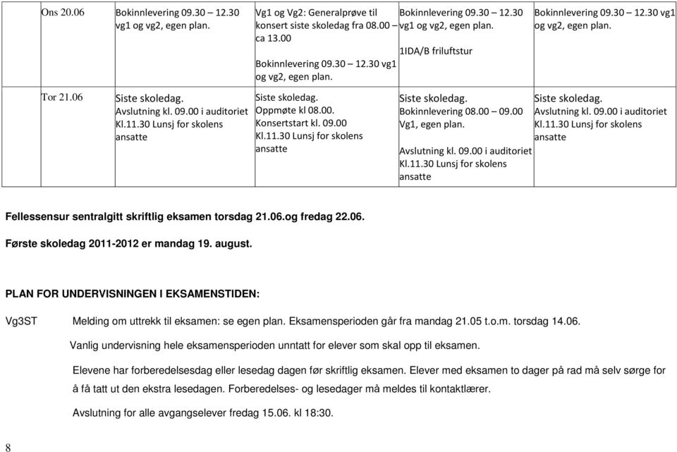 30 Lunsj for skolens ansatte Siste skoledag. Oppmøte kl 08.00. Konsertstart kl. 09.00 Kl.11.30 Lunsj for skolens ansatte Siste skoledag. Bokinnlevering 08.00 09.00 Vg1, egen plan. Avslutning kl. 09.00 i auditoriet Kl.