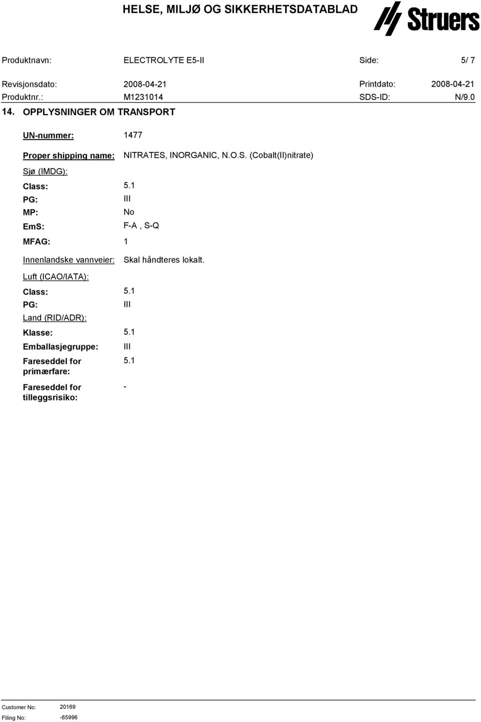 MFAG: Innenlandske vannveier: Luft (ICAO/IATA): Class: PG: Land (RID/ADR): Klasse: