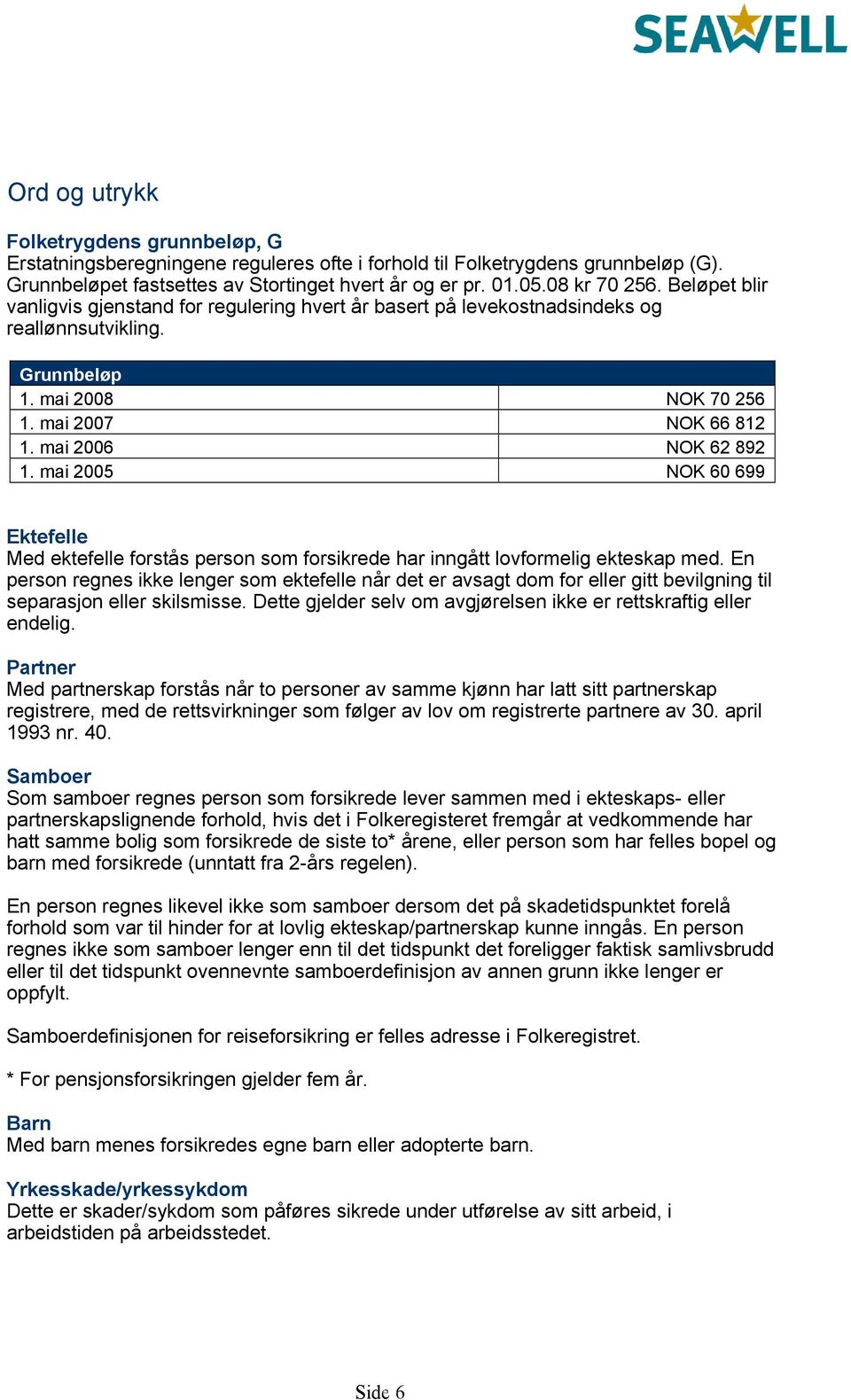 mai 2006 NOK 62 892 1. mai 2005 NOK 60 699 Ektefelle Med ektefelle forstås person som forsikrede har inngått lovformelig ekteskap med.