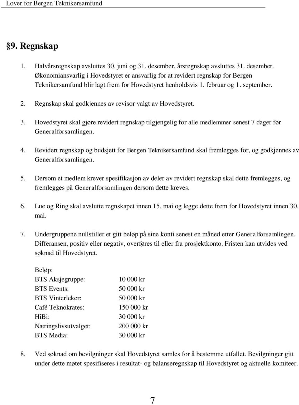 september. 2. Regnskap skal godkjennes av revisor valgt av Hovedstyret. 3. Hovedstyret skal gjøre revidert regnskap tilgjengelig for alle medlemmer senest 7 dager før Generalforsamlingen. 4.