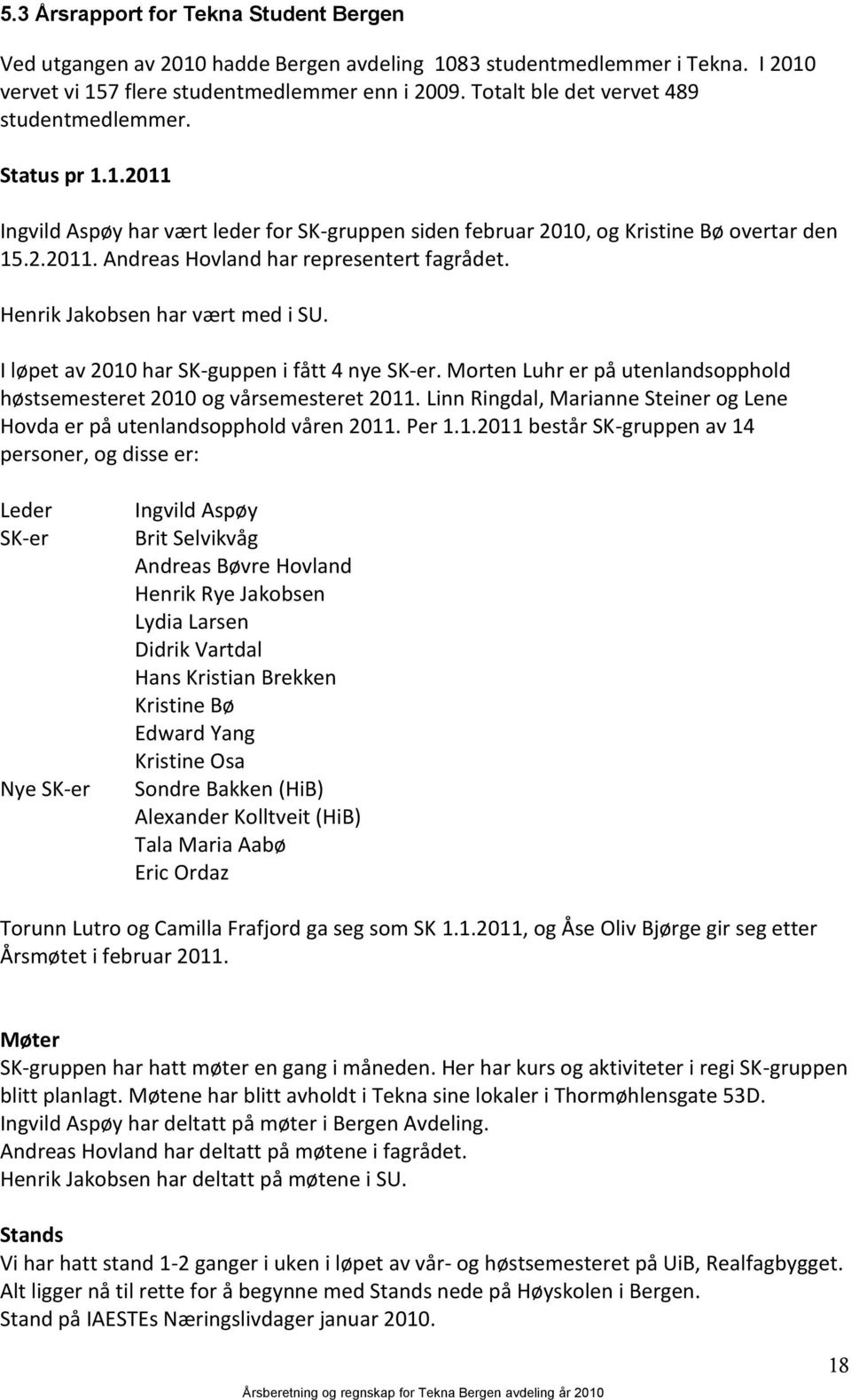 Henrik Jakobsen har vært med i SU. I løpet av 2010 har SK-guppen i fått 4 nye SK-er. Morten Luhr er på utenlandsopphold høstsemesteret 2010 og vårsemesteret 2011.
