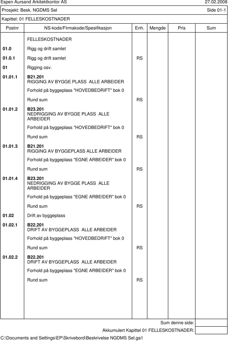 201 NEDRIGGING AV BYGGE PLASS ALLE ARBEIDER Forhold på byggeplass "HOVEDBEDRIFT" bok 0 Rund sum RS 01.01.3 B21.