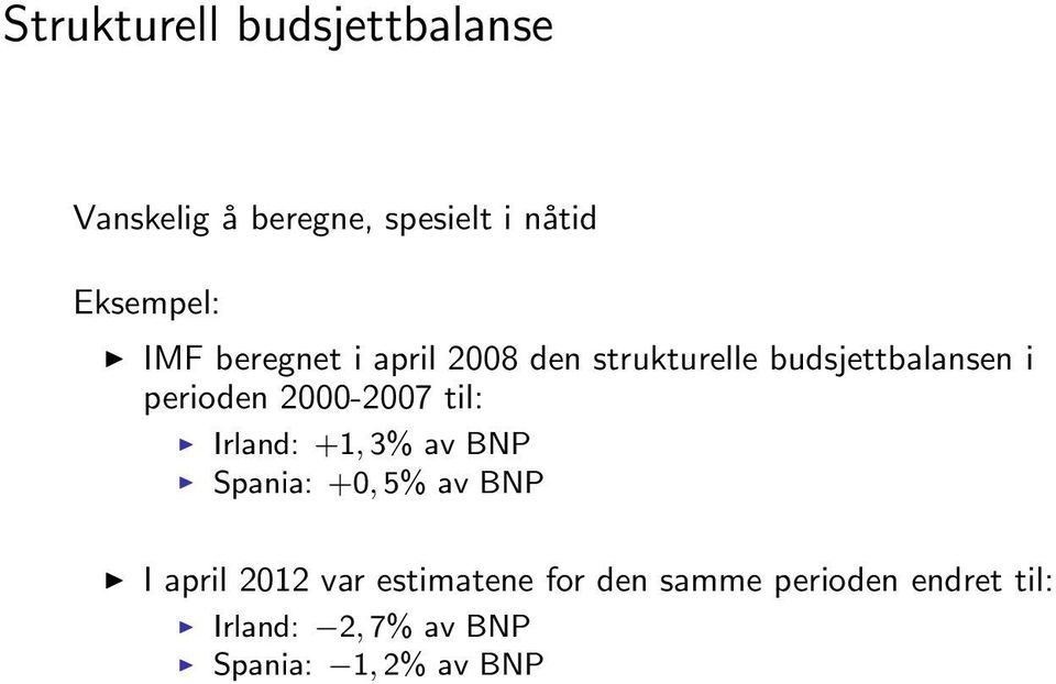 2000-2007 til: Irland: +1, 3% av BNP Spania: +0, 5% av BNP I april 2012 var