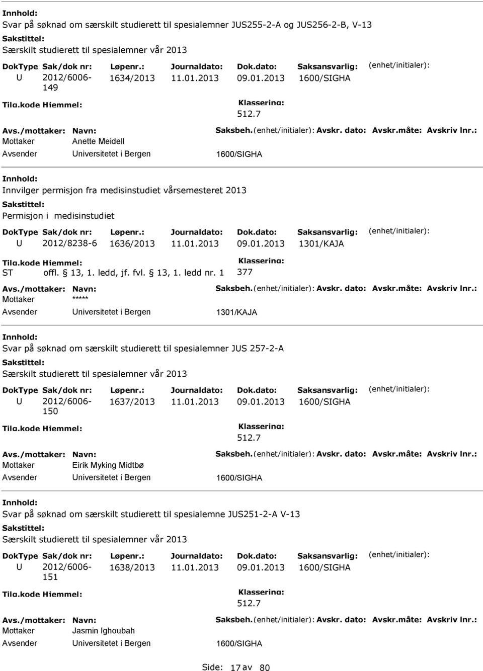 : Mottaker Anette Meidell niversitetet i Bergen 1600/SGHA nnvilger permisjon fra medisinstudiet vårsemesteret 2013 ermisjon i medisinstudiet 2012/8238-6 1636/2013 1301/KAJA ST 377 Avs.