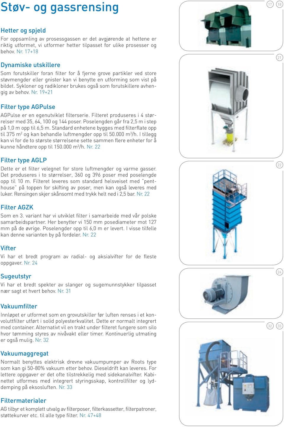 Sykloner og radikloner brukes også som forutskillere avhengig av behov. Nr. 19+21 Filter type AGPulse AGPulse er en egenutviklet filterserie.