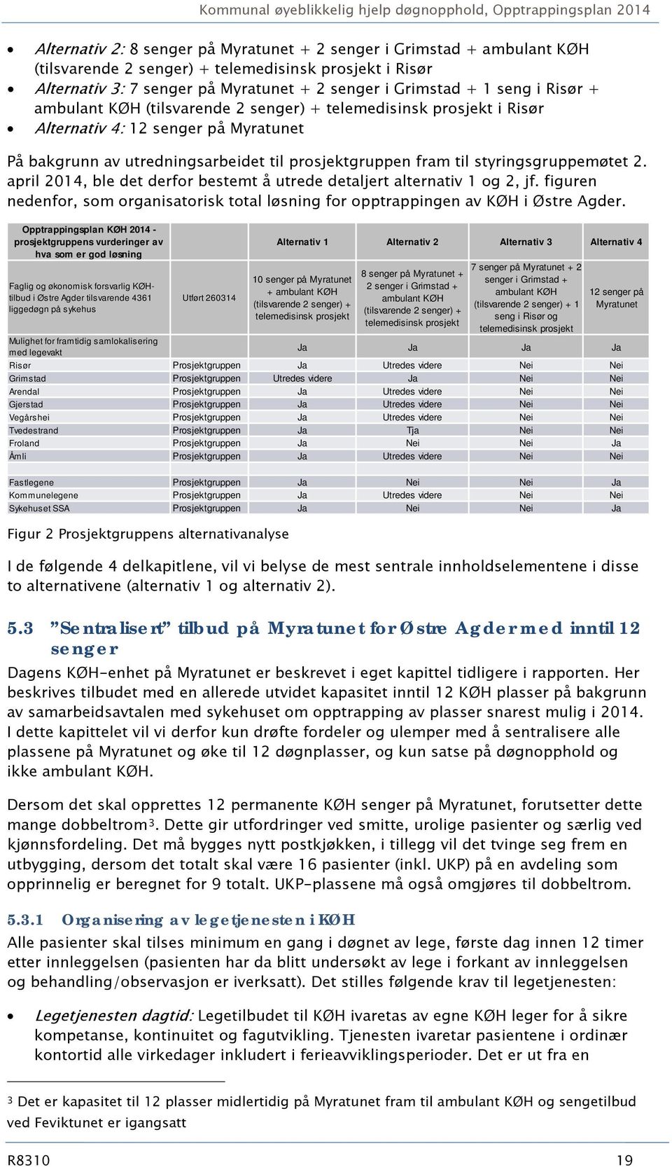 april 2014, ble det derfor bestemt å utrede detaljert alternativ 1 og 2, jf. figuren nedenfor, som organisatorisk total løsning for opptrappingen av KØH i Østre Agder.