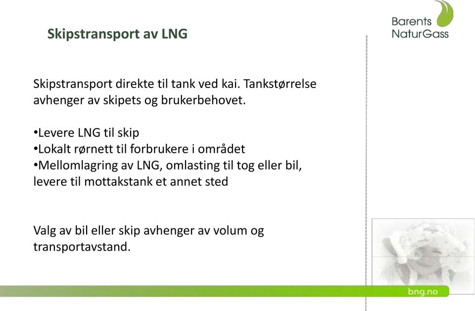 Levere LNG til skip Lokalt rørnett til forbrukere i området Mellomlagring av