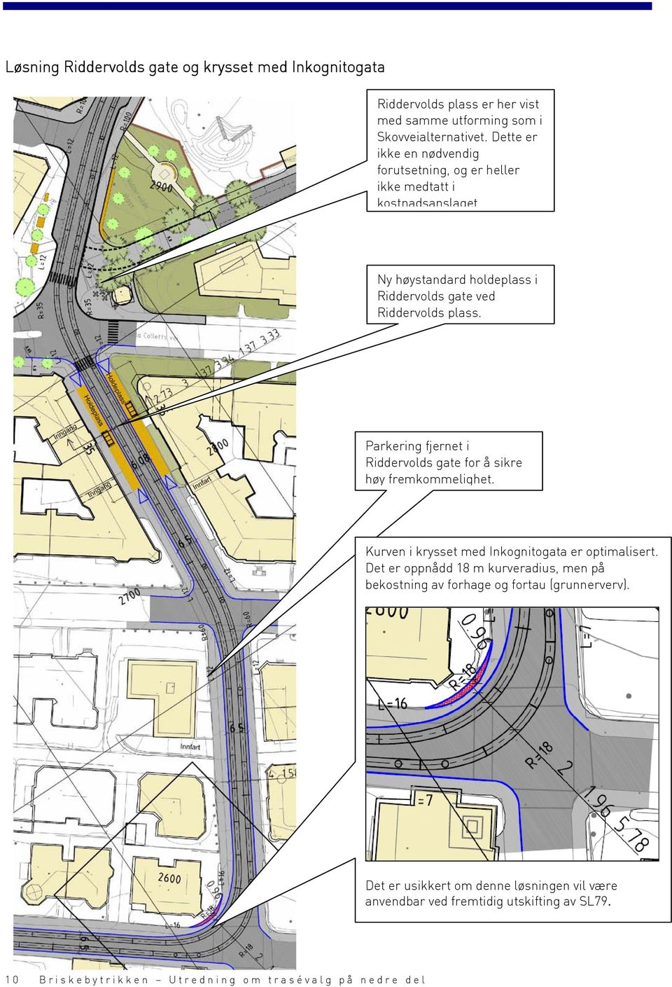 Parkering fjernet i Riddervolds gate for å sikre høy fremkommelighet. Kurven i krysset med Inkognitogata er optimalisert.