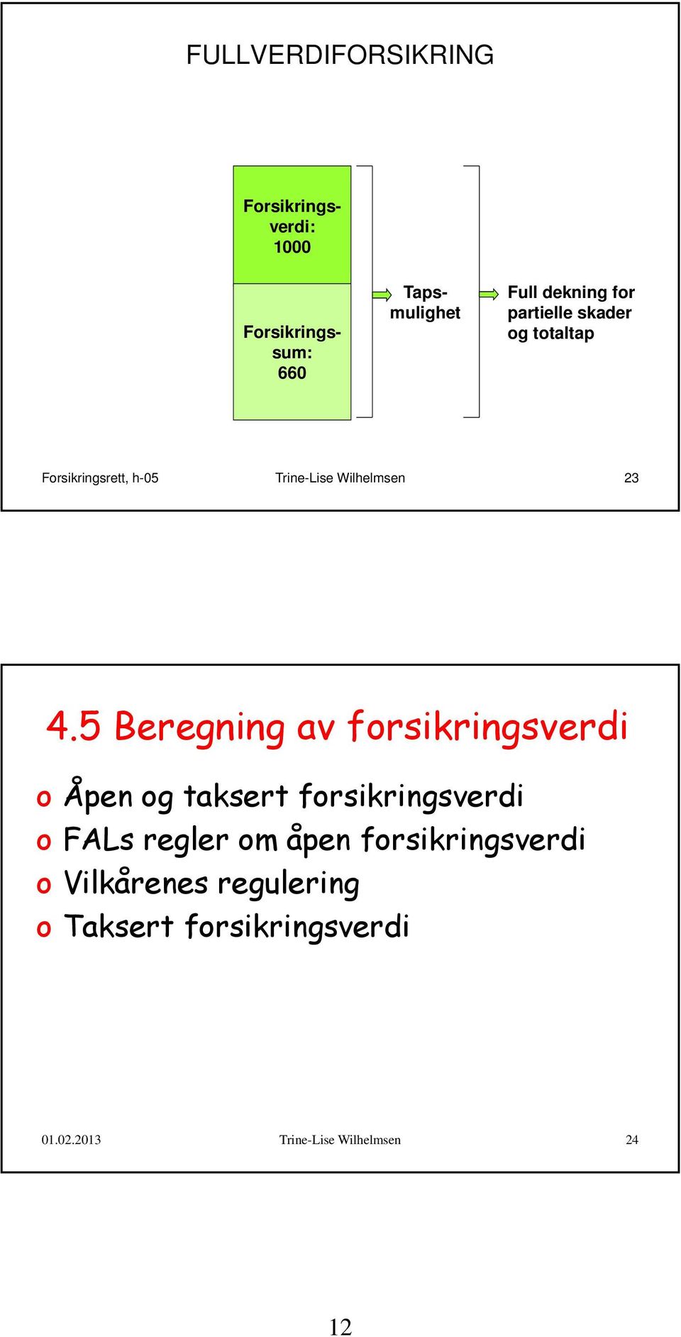 5 Beregning av forsikringsverdi o Åpen og taksert forsikringsverdi o FALs regler om åpen