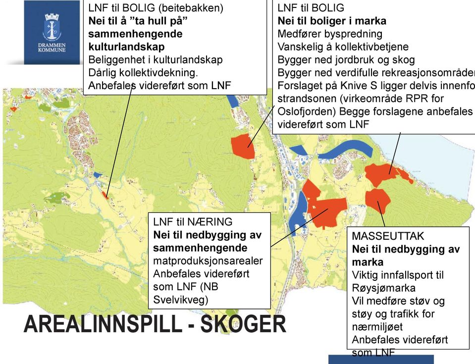 rekreasjonsområder Forslaget på Knive S ligger delvis innenfo strandsonen (virkeområde RPR for Oslofjorden) Begge forslagene anbefales videreført som LNF LNF til NÆRING Nei til