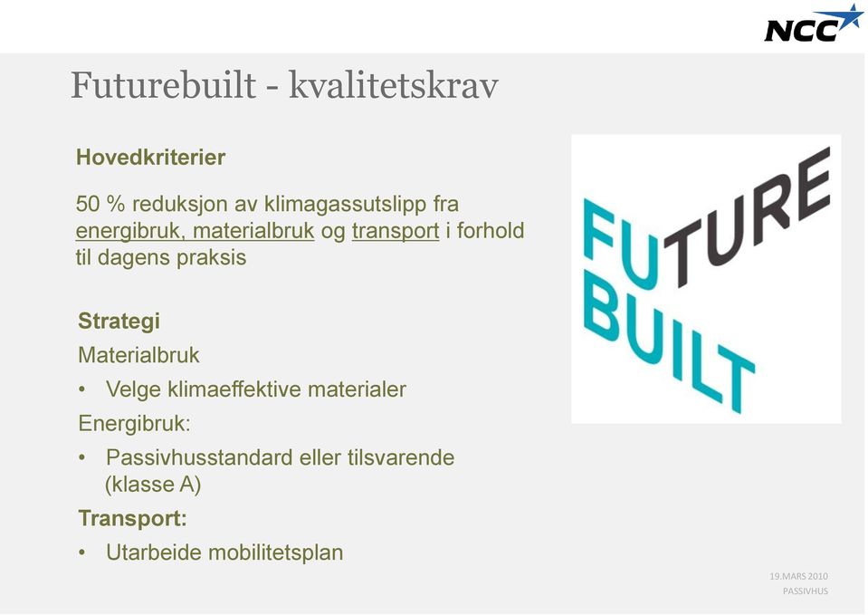 Materialbruk Velge klimaeffektive materialer Energibruk: Passivhusstandard