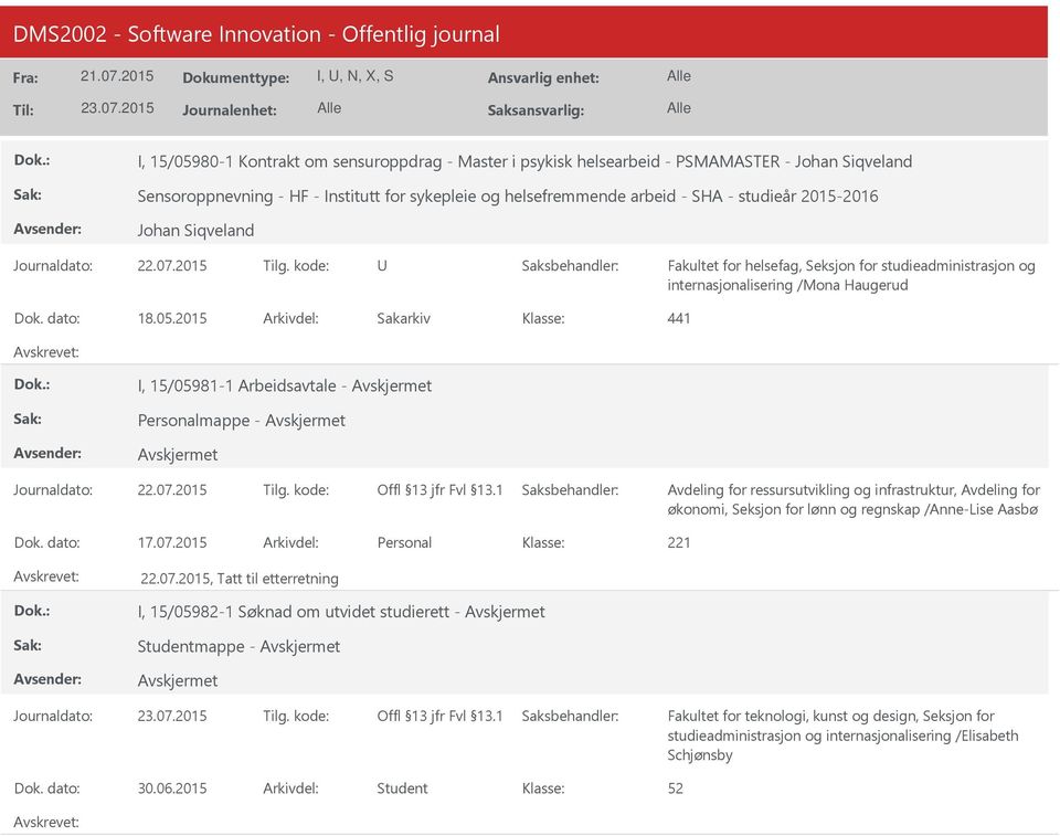 2015 441 I, 15/05981-1 Arbeidsavtale - Personalmappe - økonomi, Seksjon for lønn og regnskap /Anne-Lise Aasbø 17.07.