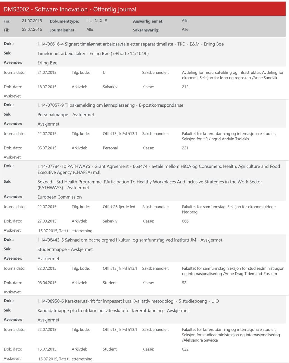 07.2015 Personal I, 14/07784-10 PATHWAYS - Grant Agreement - 663474 - avtale mellom HiOA og Consumers, Health, Agriculture and Food Executive Agency (CHAFEA) m.fl.