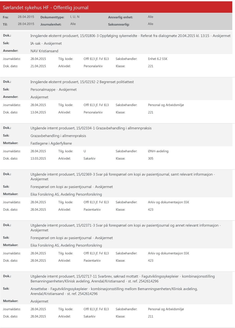 2015 Arkivdel: Personalarkiv Inngående eksternt produsert, 15/02192-2 Begrenset politiattest Personalmappe - Dok. dato: 13.04.