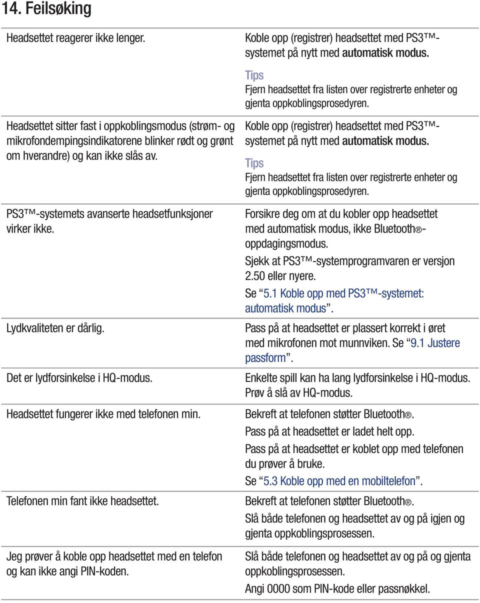 Jeg prøver å koble opp headsettet med en telefon og kan ikke angi PIN-koden. Koble opp (registrer) headsettet med PS3 systemet på nytt med automatisk modus.