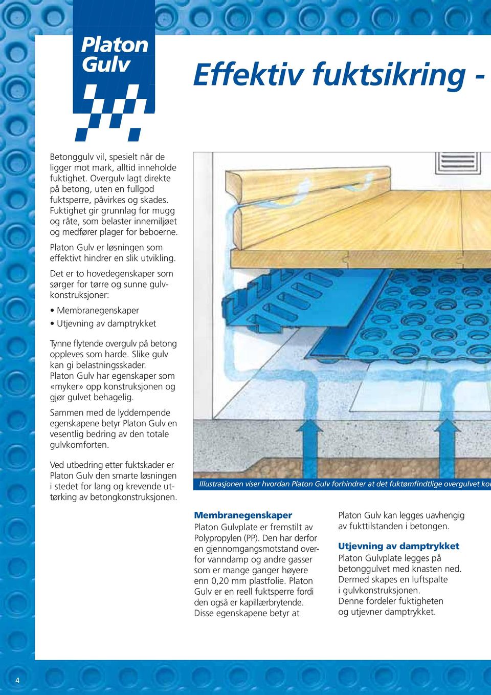 Det er to hovedegenskaper som sørger for tørre og sunne gulvkonstruksjoner: Membranegenskaper Utjevning av damptrykket Tynne flytende overgulv på betong oppleves som harde.