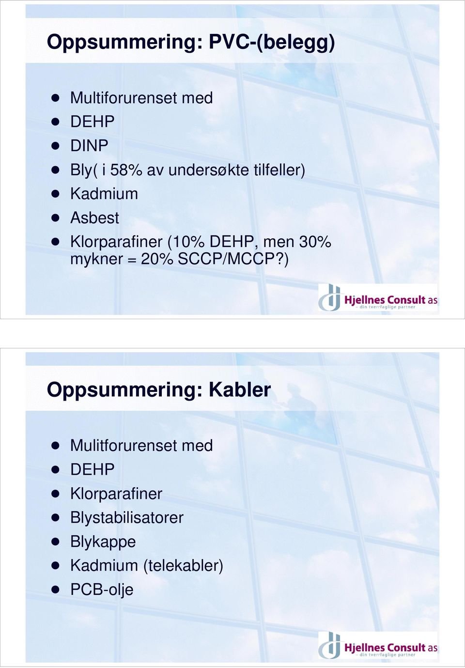 Klorparafiner (10% DEHP, men 30% mykner = 20% SCCP/MCCP?
