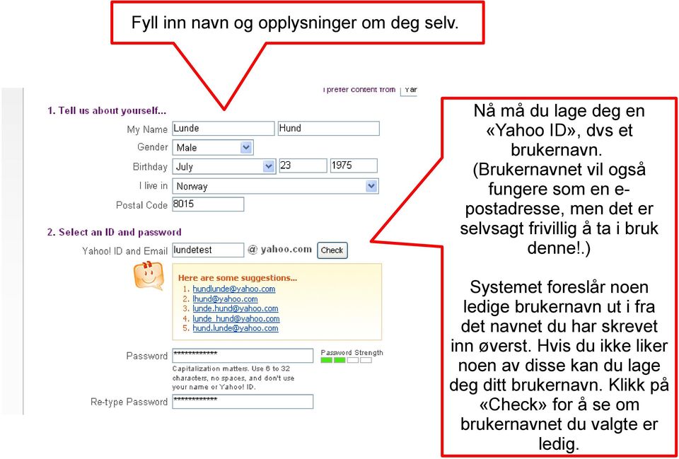 .) Systemet foreslår noen ledige brukernavn ut i fra det navnet du har skrevet inn øverst.