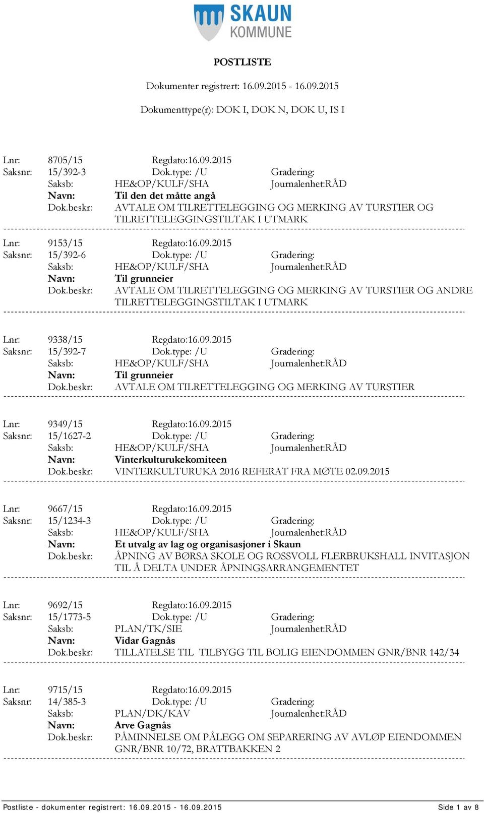 type: /U Gradering: Til grunneier AVTALE OM TILRETTELEGGING OG MERKING AV TURSTIER OG ANDRE TILRETTELEGGINGSTILTAK I UTMARK Lnr: 9338/15 Regdato:16.09.2015 Saksnr: 15/392-7 Dok.