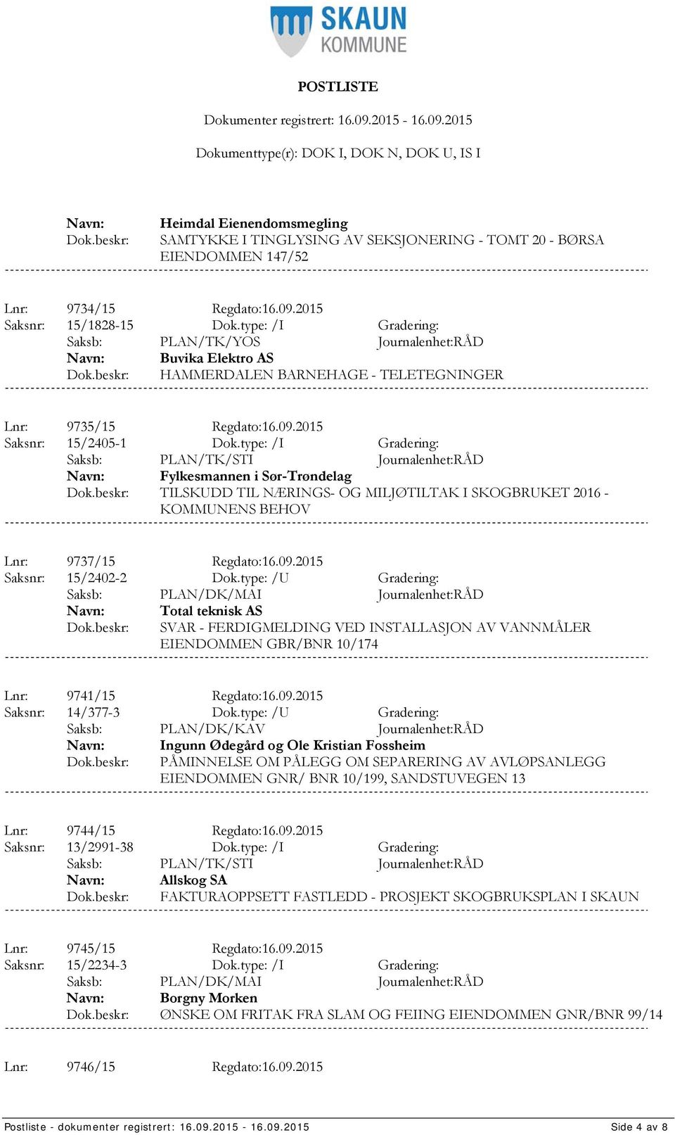 type: /I Gradering: Saksb: PLAN/TK/STI Journalenhet:RÅD Fylkesmannen i Sør-Trøndelag TILSKUDD TIL NÆRINGS- OG MILJØTILTAK I SKOGBRUKET 2016 - KOMMUNENS BEHOV Lnr: 9737/15 Regdato:16.09.