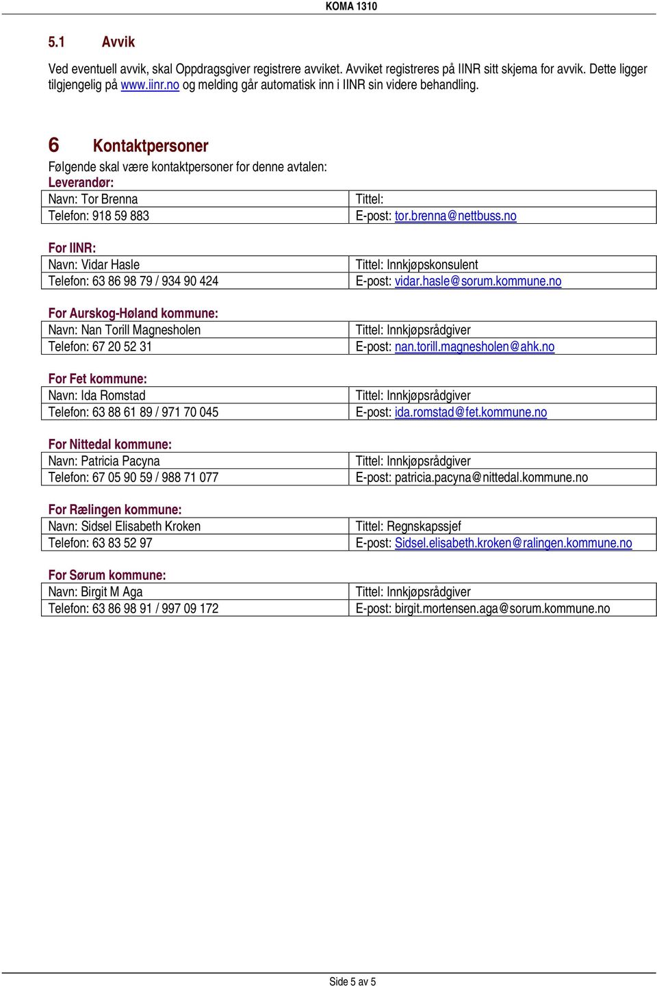 6 Kontaktpersoner Følgende skal være kontaktpersoner for denne avtalen: Leverandør: Navn: Tor Brenna Telefon: 918 59 883 For IINR: Navn: Vidar Hasle Telefon: 63 86 98 79 / 934 90 424 For