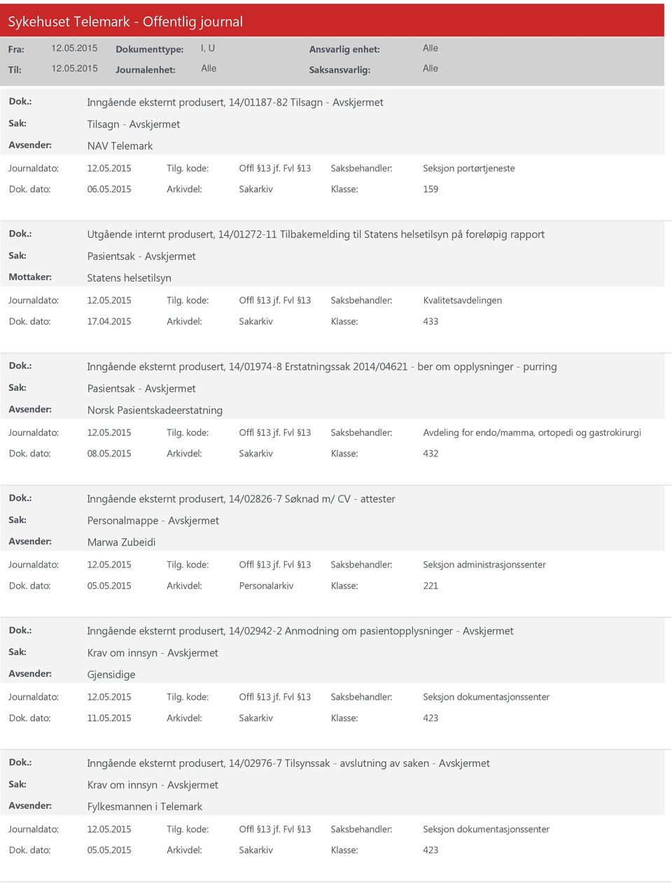 2015 Arkivdel: Sakarkiv 433 Inngående eksternt produsert, 14/01974-8 Erstatningssak 2014/04621 - ber om opplysninger - purring Pasientsak - Norsk Pasientskadeerstatning Avdeling for endo/mamma,