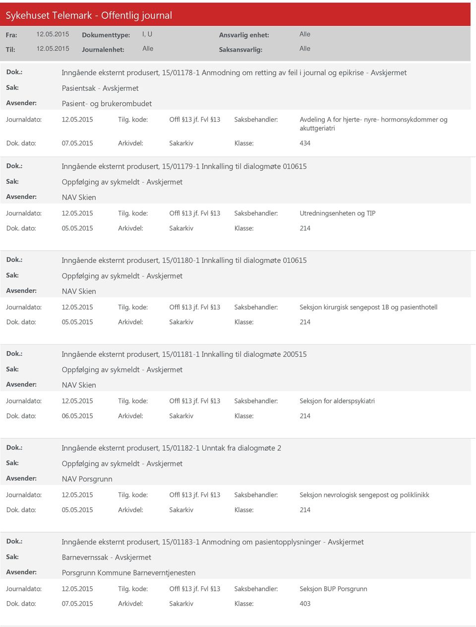 2015 Arkivdel: Sakarkiv 434 Inngående eksternt produsert, 15/01179-1 Innkalling til dialogmøte 010615 Oppfølging av sykmeldt - NAV Skien tredningsenheten og TIP 214 Inngående eksternt produsert,