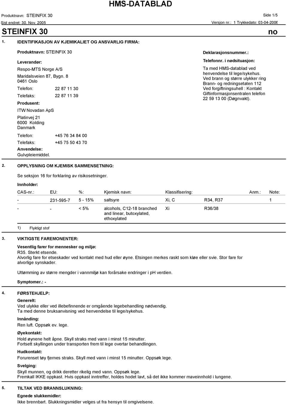 Side 1/5 Deklarasjonsnummer.: Telefonnr. i nødsituasjon: Ta med HMS-datablad ved henvendelse til lege/sykehus.