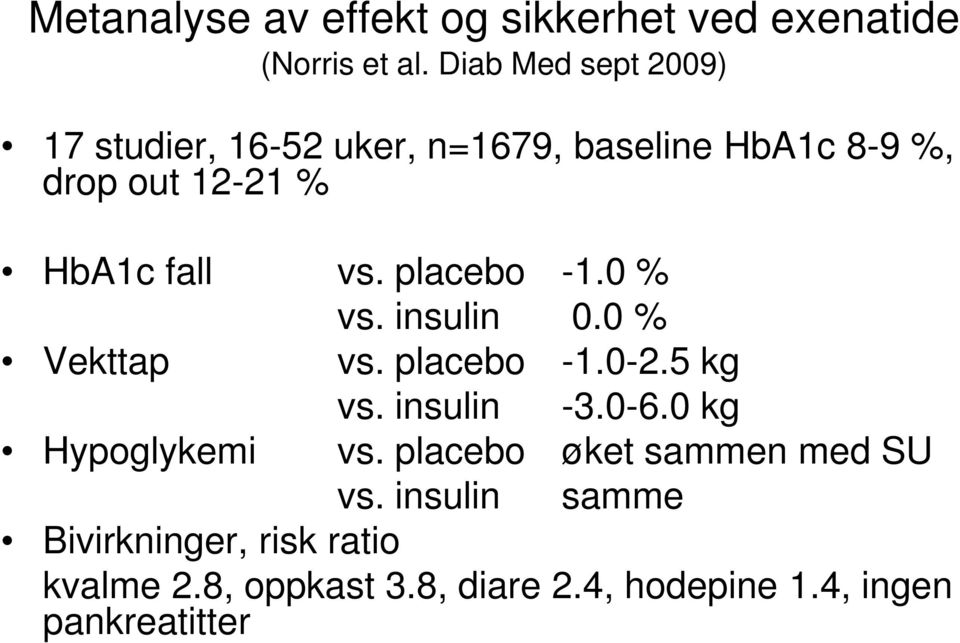 vs. placebo -1.0 % vs. insulin 0.0 % Vekttap vs. placebo -1.0-2.5 kg vs. insulin -3.0-6.