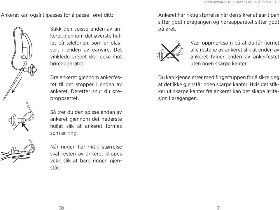 Ankeret har riktig størrelse når den sikrer at ear-tipen sitter godt i øregangen og høreapparatet sitter godt på øret.