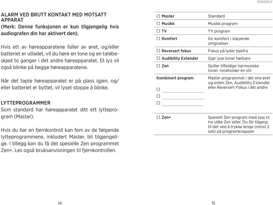 Når det tapte høreapparatet er på plass igjen, og/ eller batteriet er byttet, vil lyset stoppe å blinke. lytteprogrammer Som standard har høreapparatet ditt ett lytteprogram (Master).