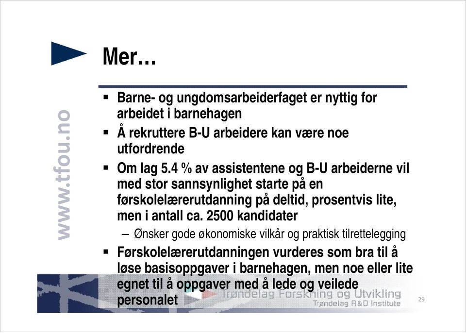 4 % av assistentene og B-U arbeiderne vil med stor sannsynlighet starte på en førskolelærerutdanning på deltid, prosentvis