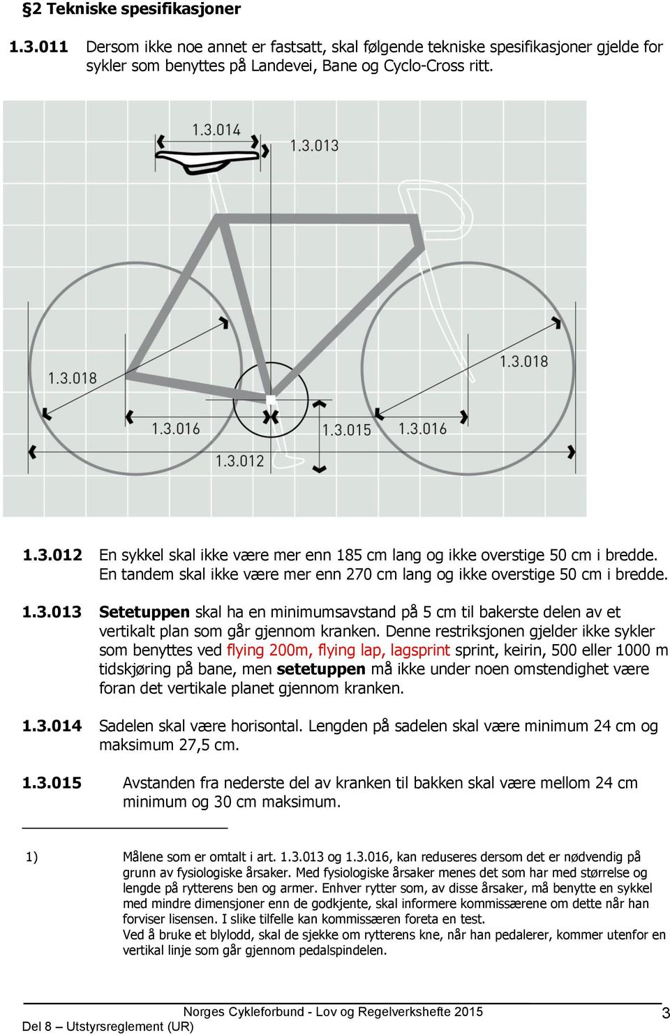 Denne restriksjonen gjelder ikke sykler som benyttes ved flying 200m, flying lap, lagsprint sprint, keirin, 500 eller 1000 m tidskjøring på bane, men setetuppen må ikke under noen omstendighet være